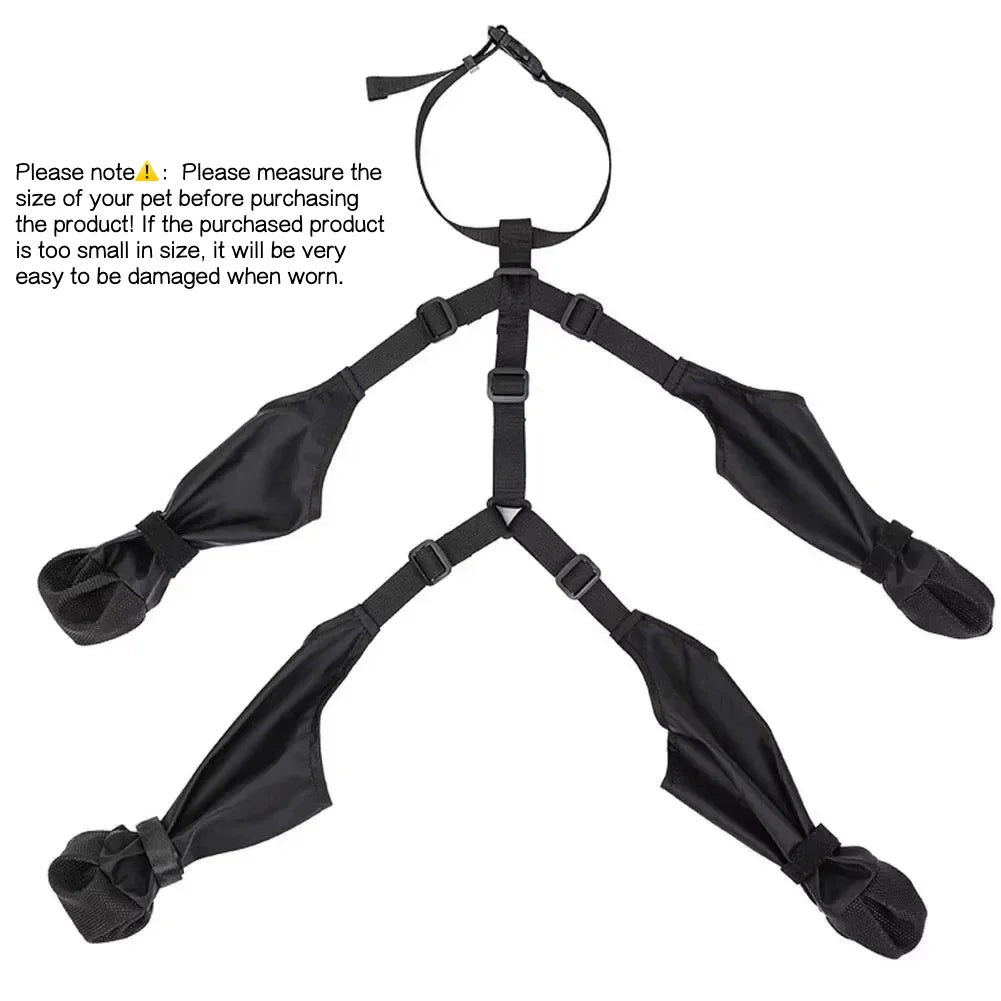Dog boots with adjustable suspender strap system laid flat