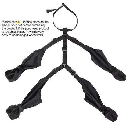 Dog boots with adjustable suspender strap system laid flat