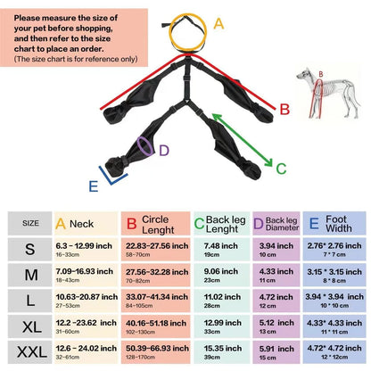 Dog boots size chart: neck, chest girth, leg length, leg diameter and paw width