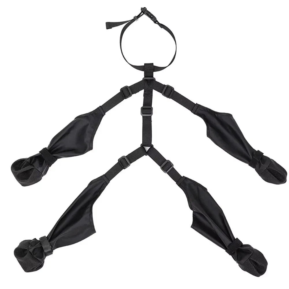 Set of four waterproof dog boots with harness straps